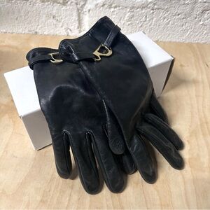 Lauren Ralph Lauren Bridle-Belt Black Leather Gloves with Gold Accents EUC Sz M